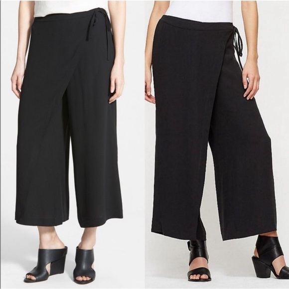 Eileen Fisher Silk Georgette Crop Black Wide-Leg Wrap Pants - Picture 1 of 12